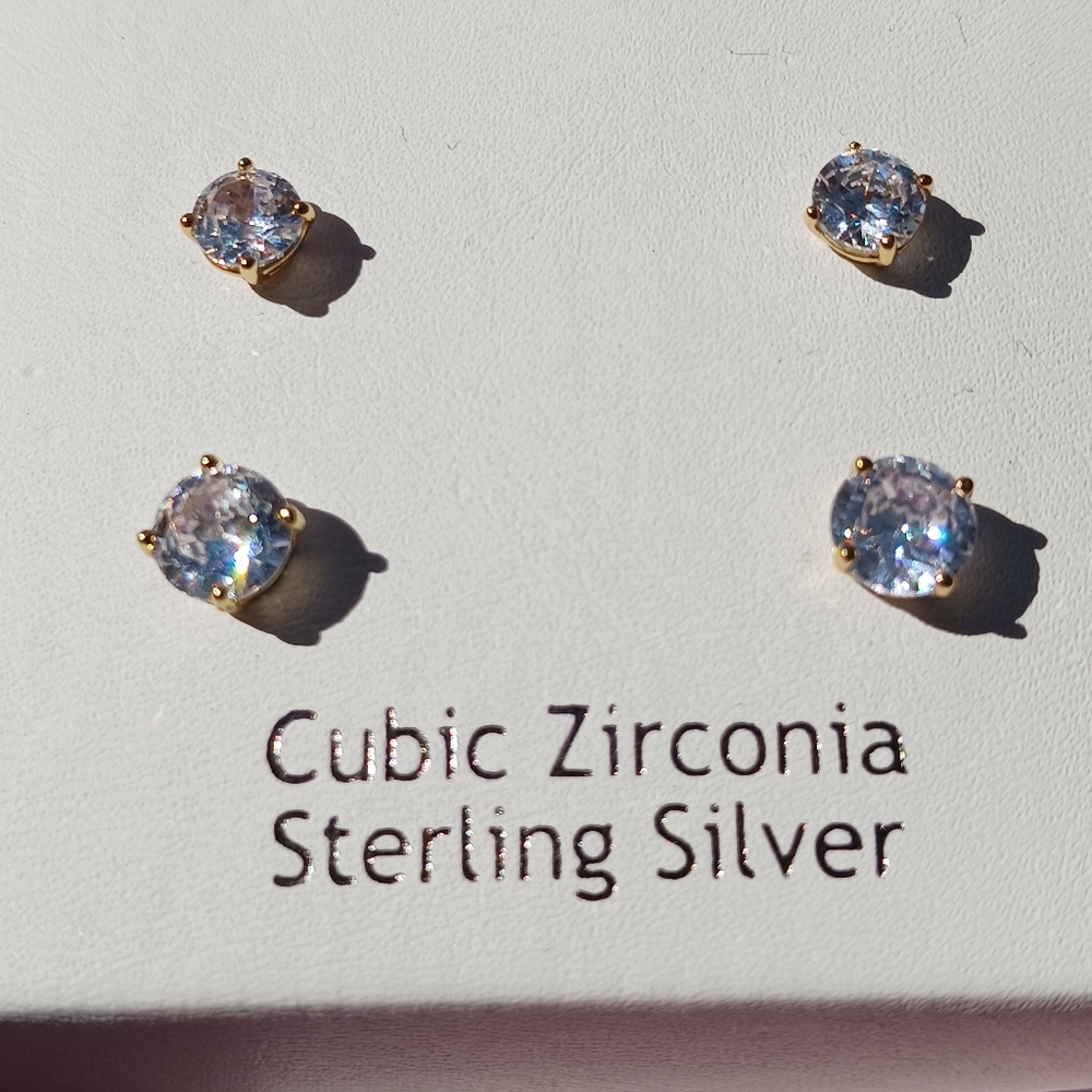 NIB 2 Set Nanette Lepore Cubic Zirconia Stud Earrings Sterling Silver Gold Plate